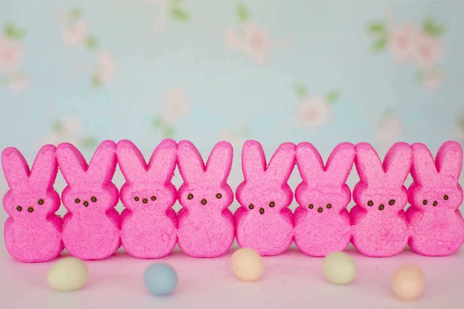 Row of pink Easter Peeps marshmallow bunnies lined up with pastel candy eggs.