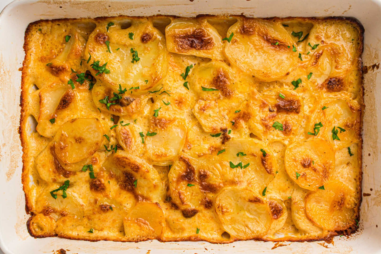 Baked scalloped potatoes with creamy cheese sauce and fresh parsley in a casserole dish.